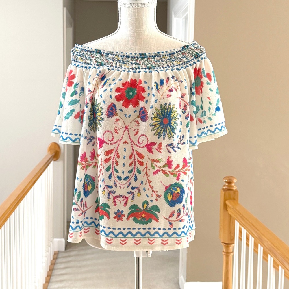 Flying Tomato Floral Print Off Shoulder Smocked Blouse Cream Large